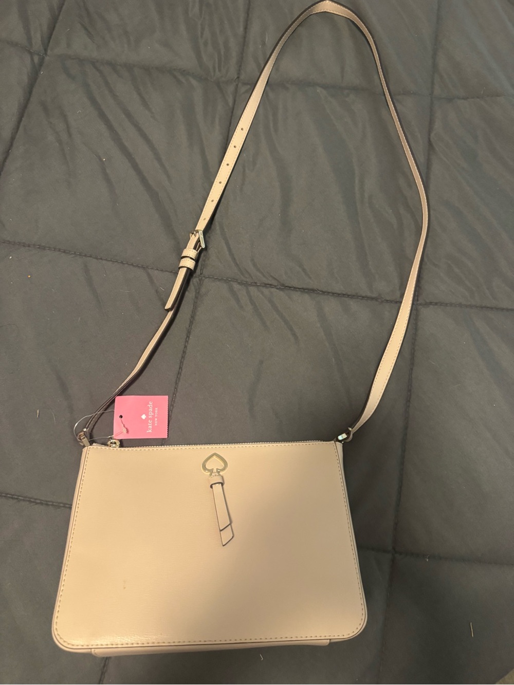 kate spade taupe leather crossbody with heart charm